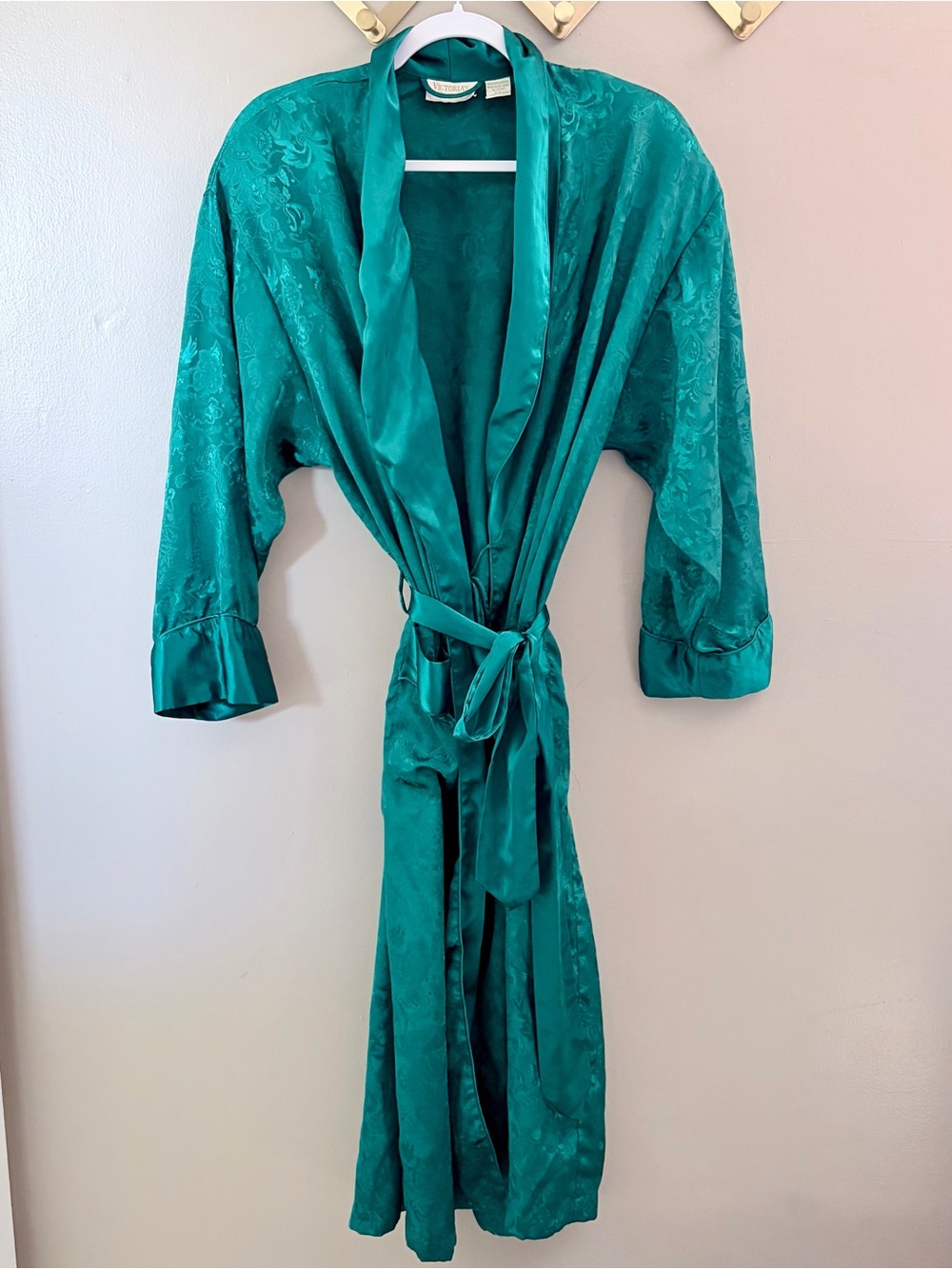 Vintage Victoria's Secret Teal Green Floral Jacquard Satin Robe P/S